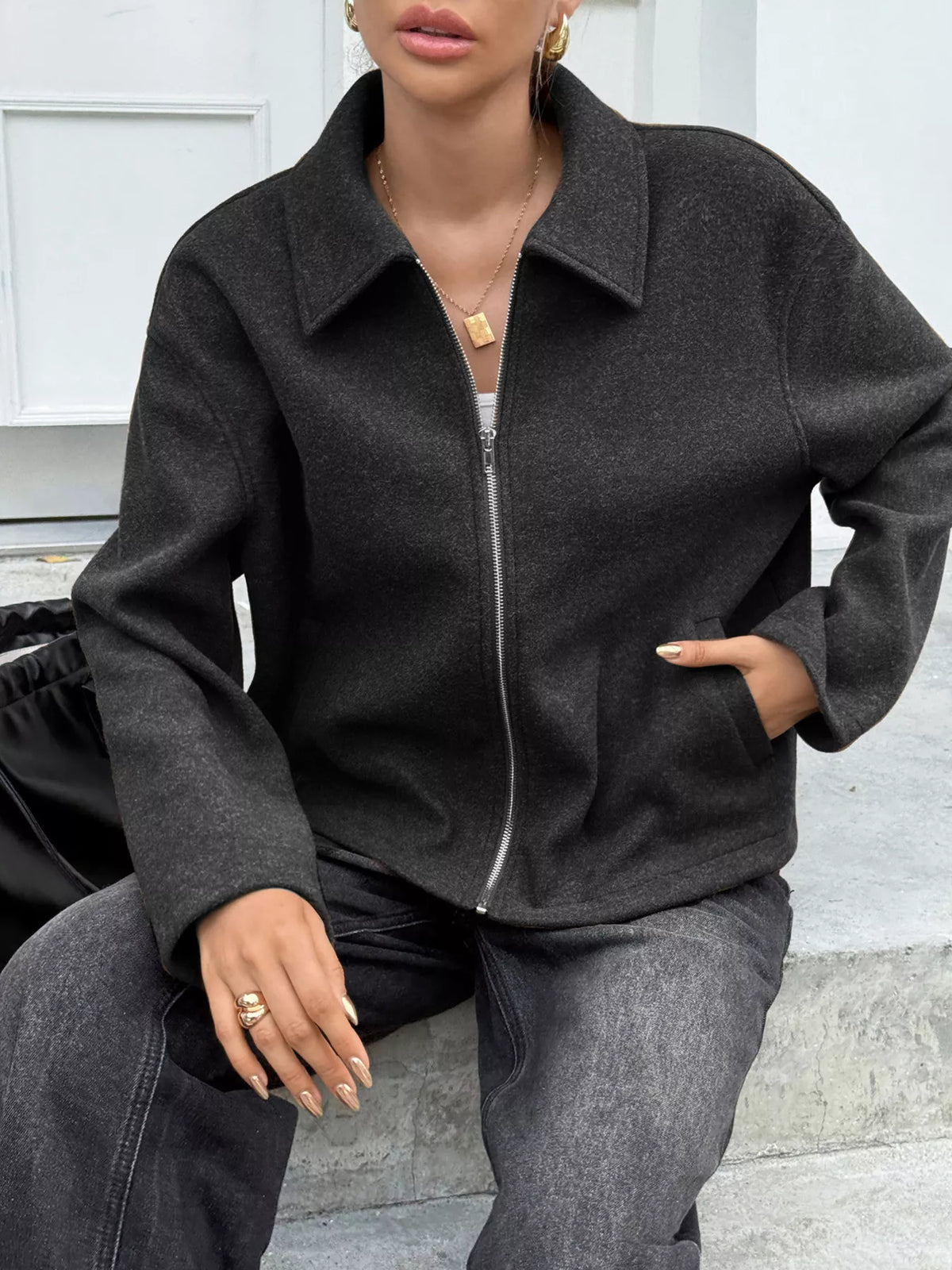 Zip-Up Dropped Shoulder Jacket