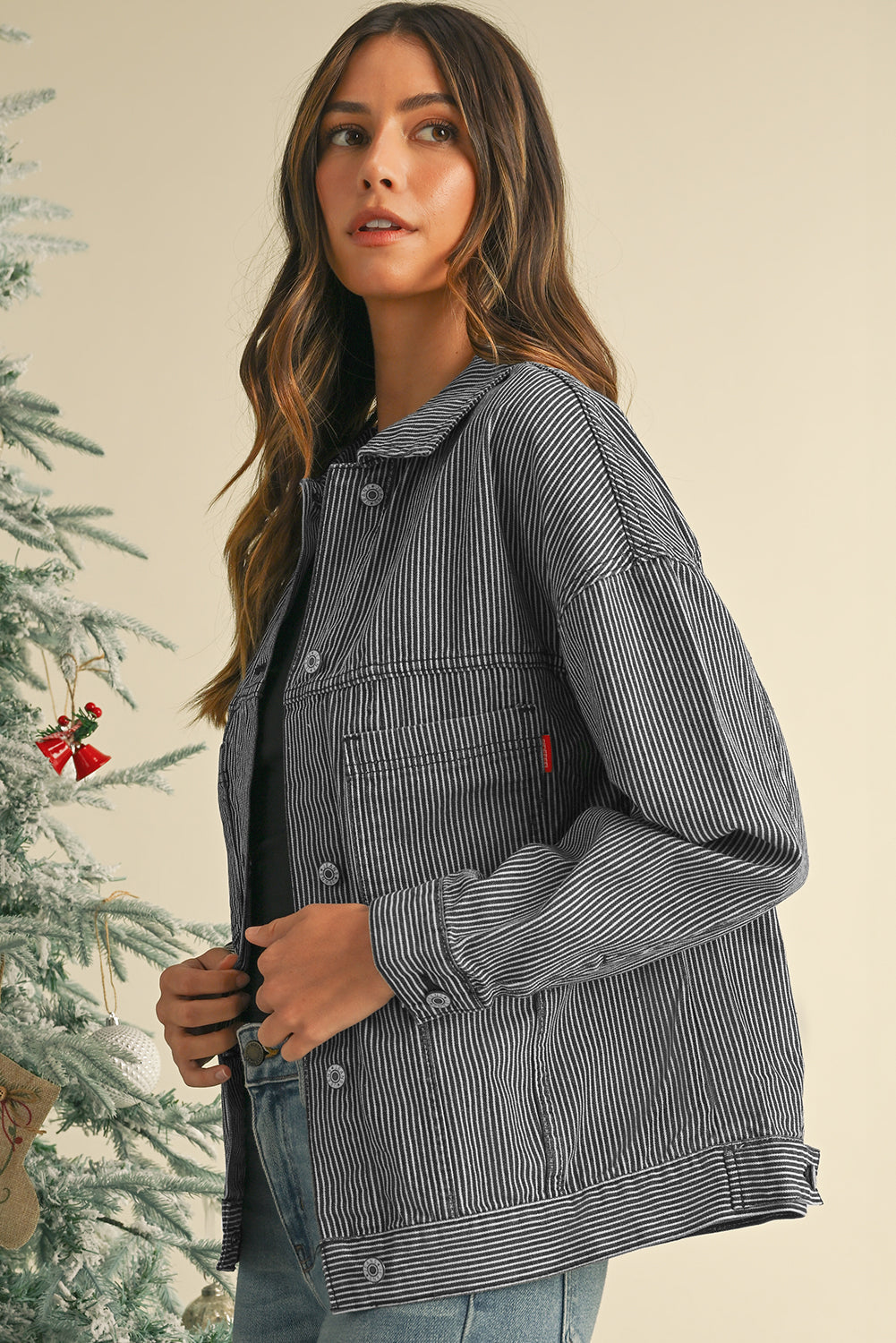 Chaqueta vaquera oversize con bolsillo, lavada a la piedra, a rayas azules