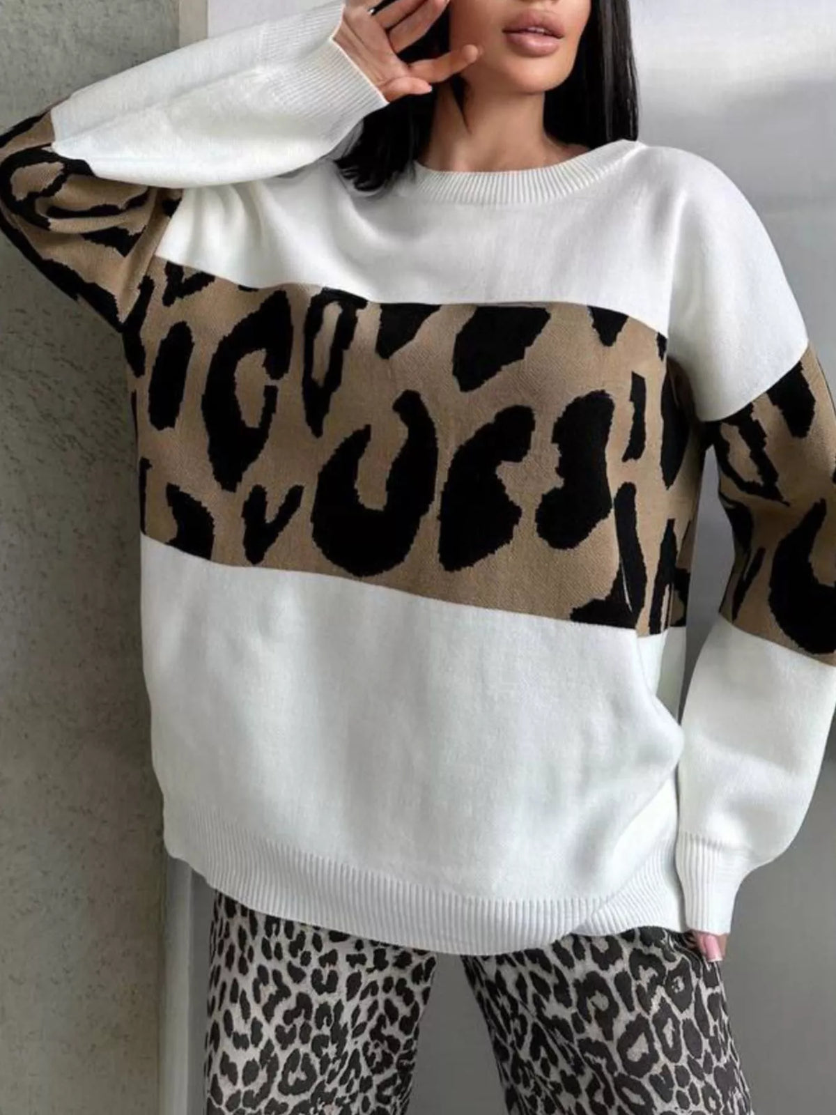 Leopard Color Block Round Neck Sweater