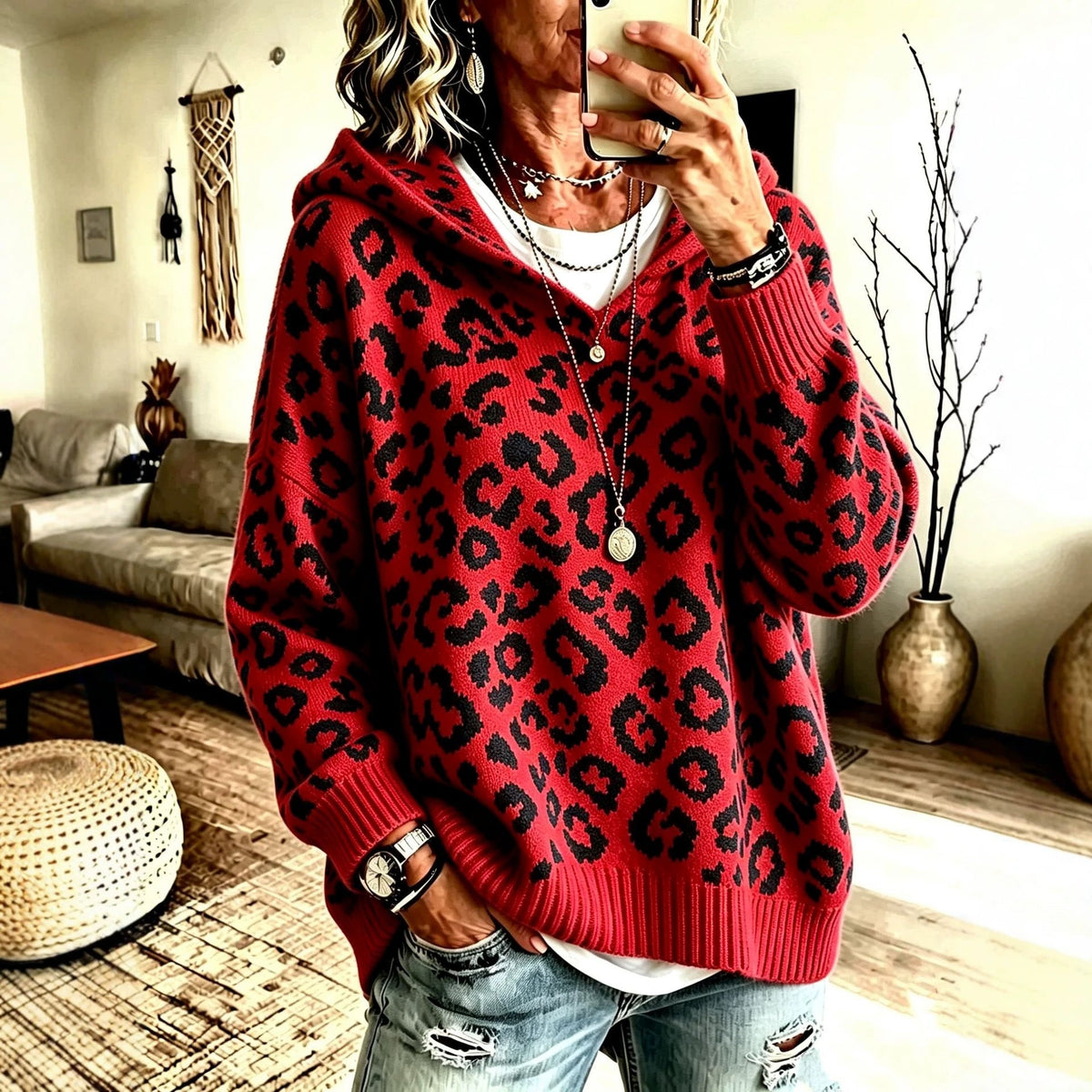 New Fallwinter Womens Leopard-print Hooded Knit Sweatshirt