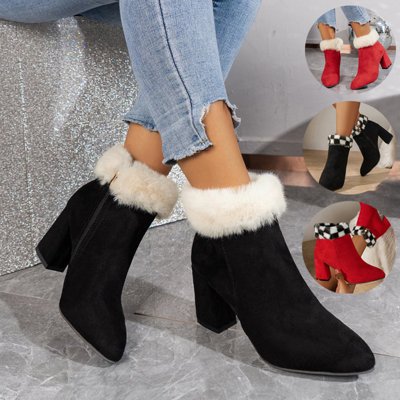 Women's Plaid Print Plush Ankle Boots