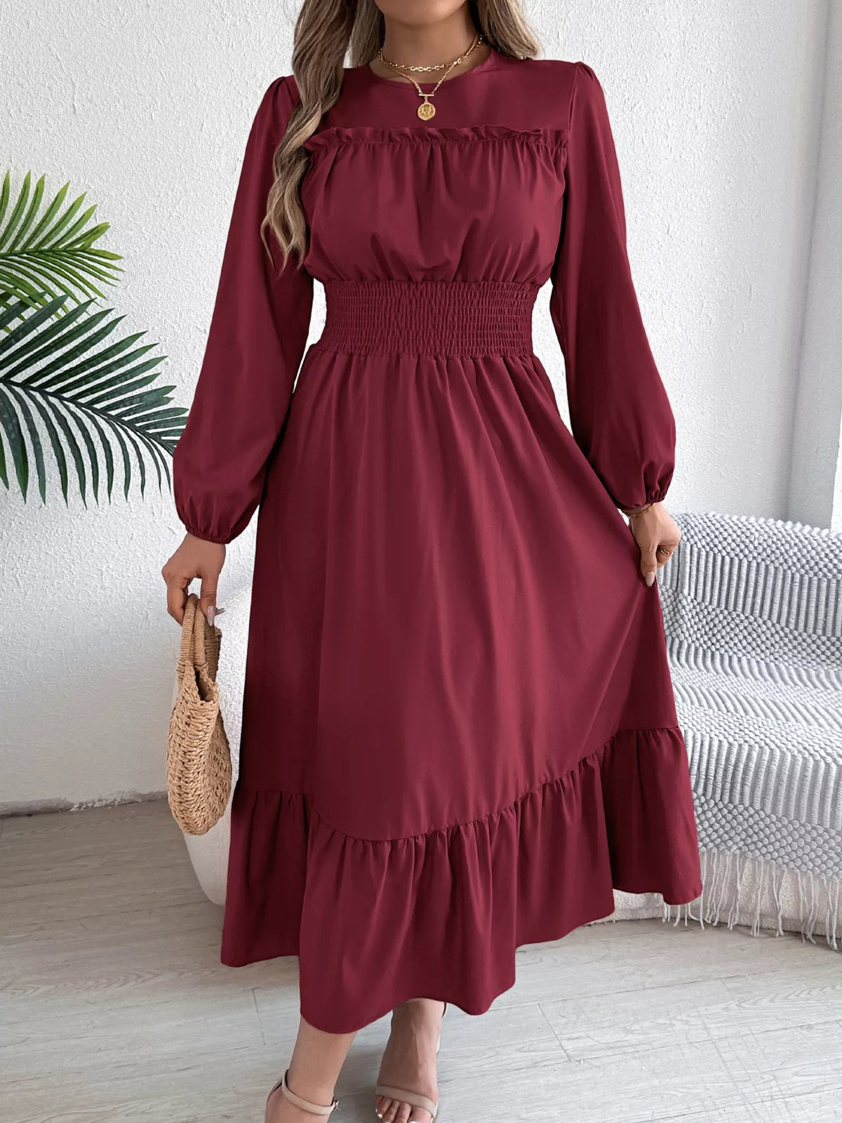 Round Neck Balloon Sleeve Tiered Dress