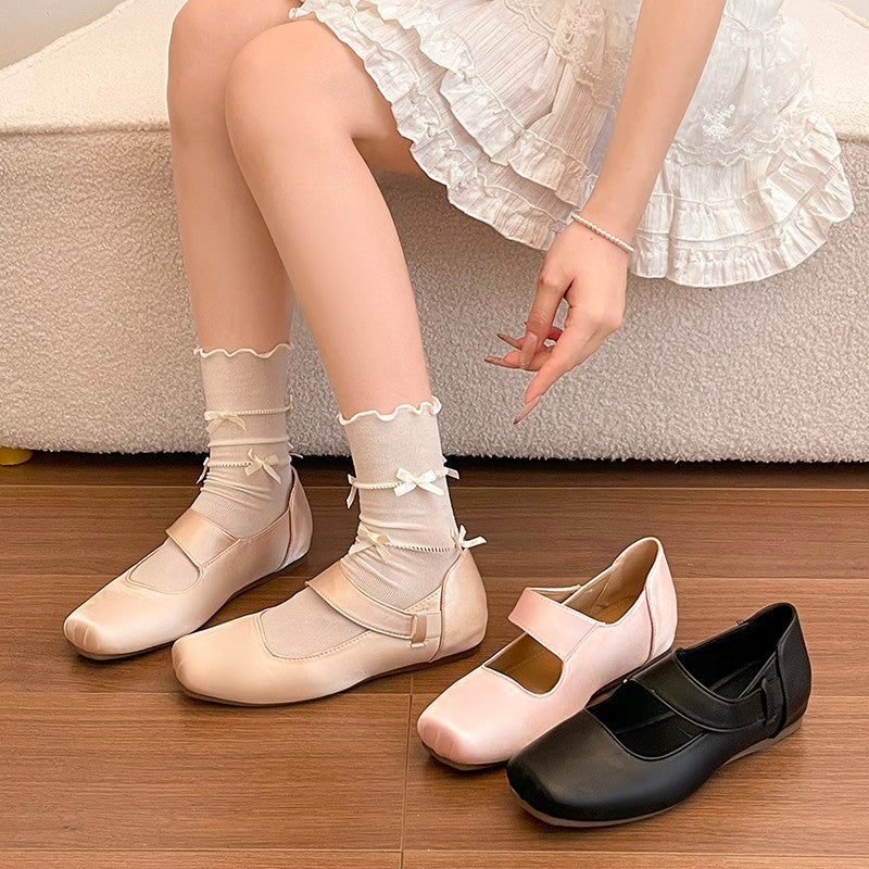 Women French Minimalist Single Strap Square Toe Mary Jane Flats, Adjustable Buckle Shiny Satin Soft Matte Leather Slip On Gentle Casual Daily Doll Loafer Shoes