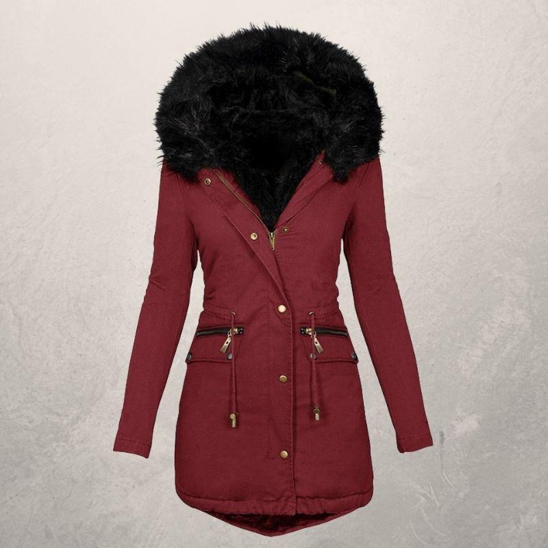 Medium Length Hooded Cotton Padded Jacket with Wool Collar
