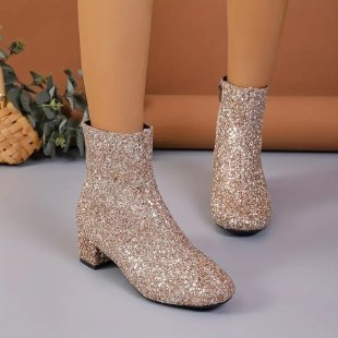 Women's Sequin Chunky Heel Side Zipper Boots