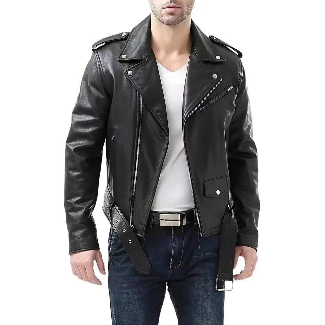 Stylish Slim-fit And Handsome Mens PU Leather Jacket With A Zipper