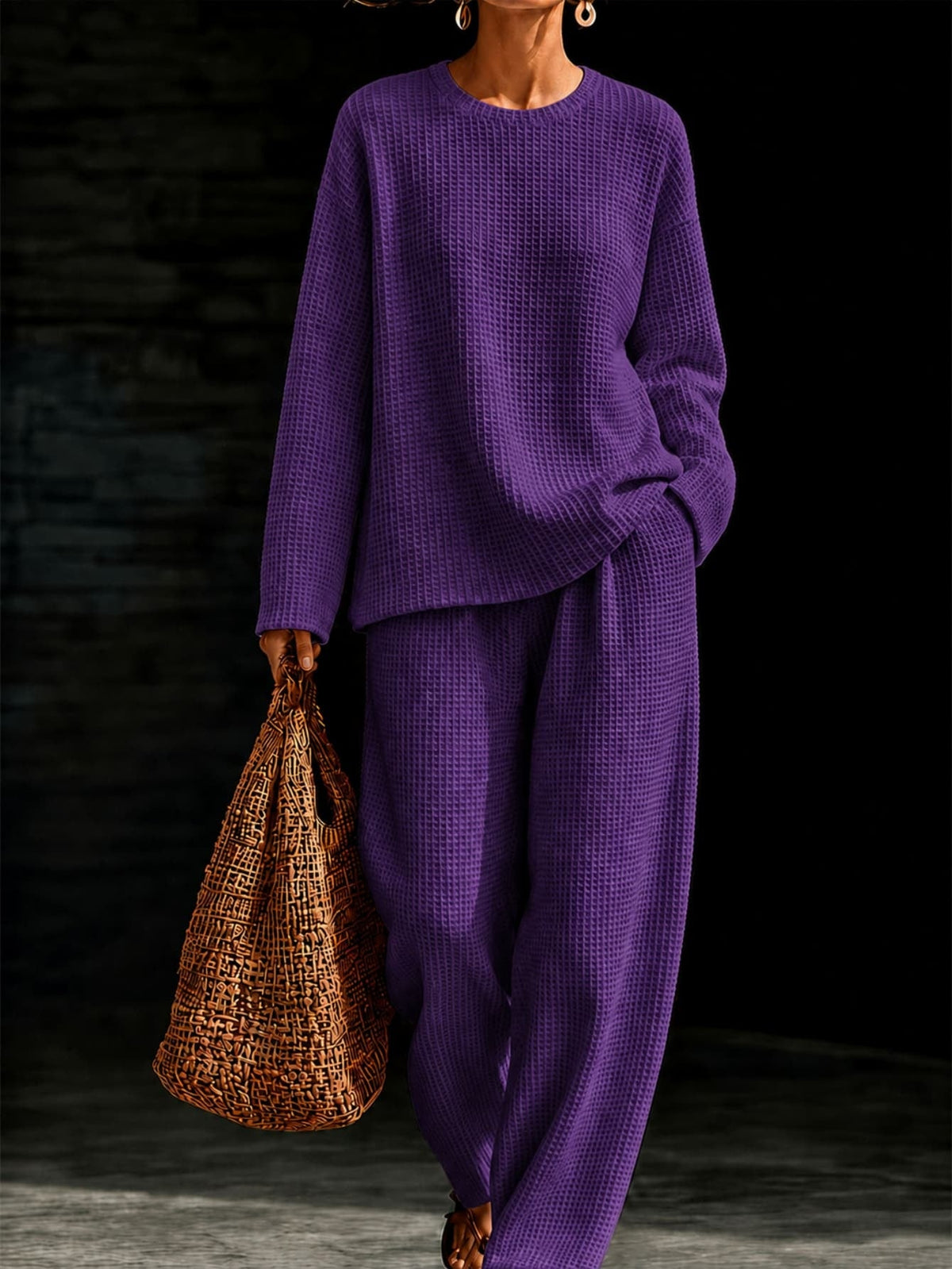 Women's Waffle Knit Oversized Crew-Neck Pullover & Relaxed Wide-Leg Trouser Lounge Co-ord Set