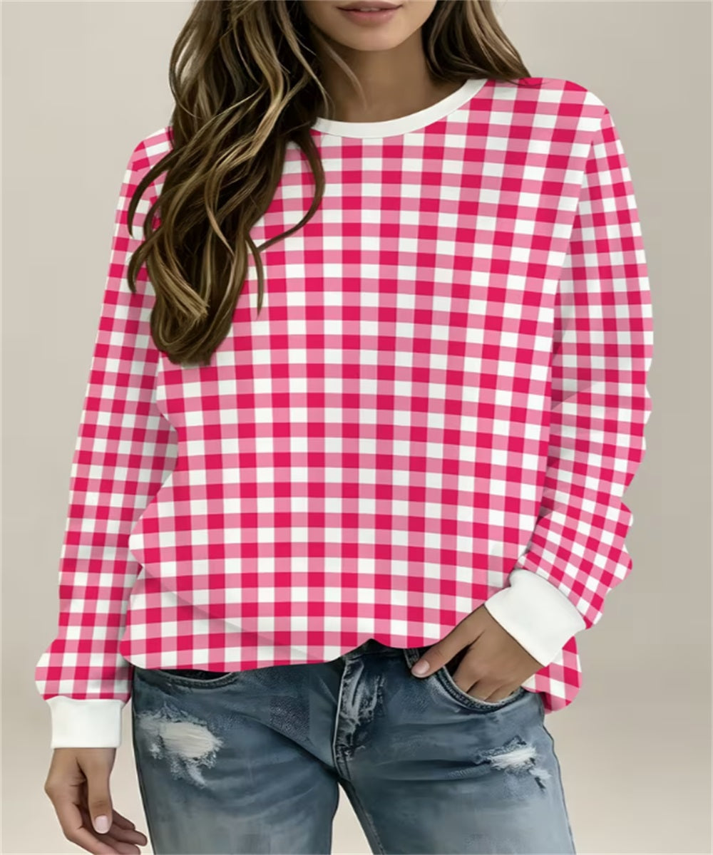 Women's Yellow White Gingham Print Crew Neck Sweatshirt, Long Sleeve Casual Pullover Top