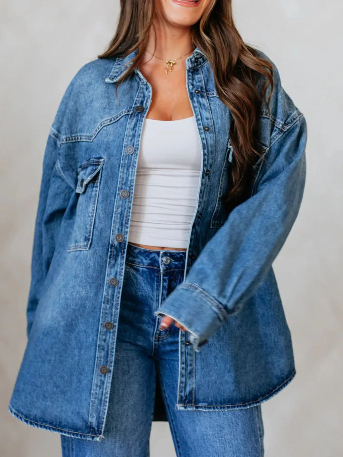 Snap Down Dropped Shoulder Denim Jacket