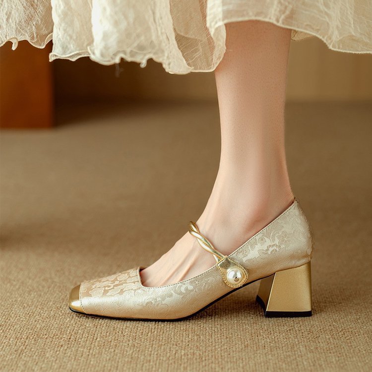 Embossed Silk Kitten Heels with Pearl Strap