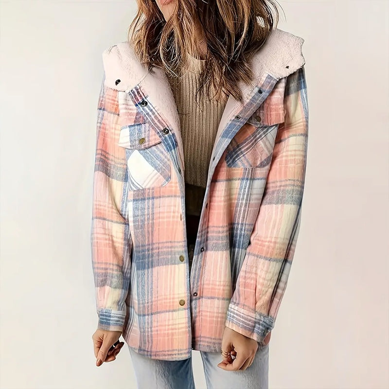 Women's Plaid Button-Up Long Sleeve Jacket Fall Winter  Flap Button Pocket Design Casual Hooded Fleece-Lined Warm Coat See size chart under “more details”