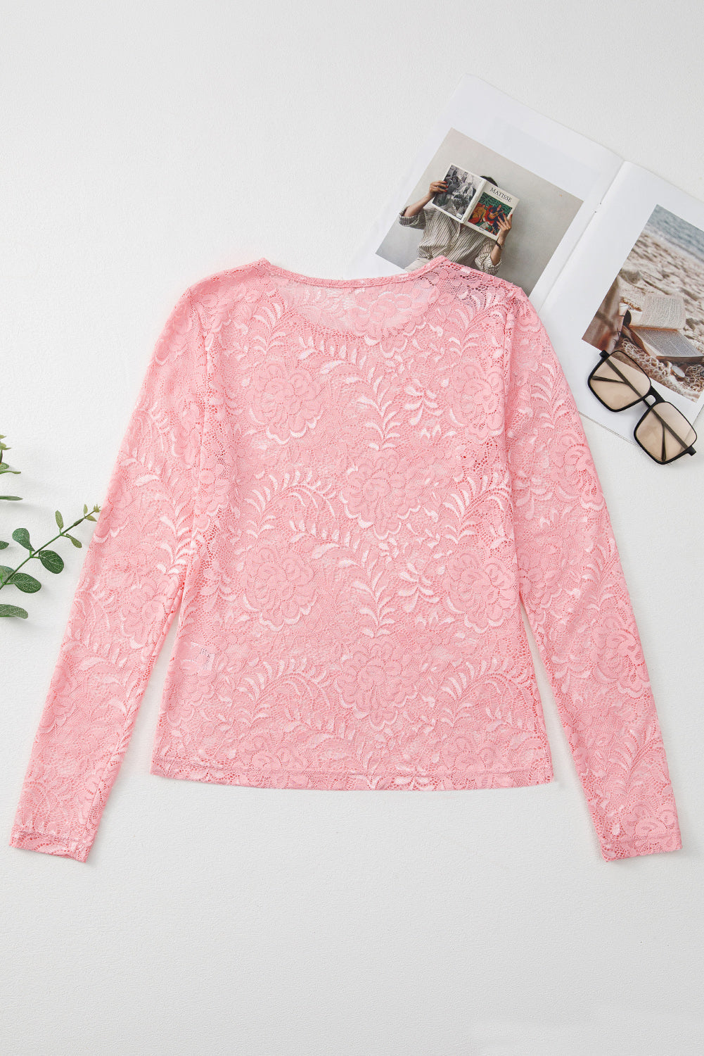 Top transparente de manga larga con encaje floral Blossom
