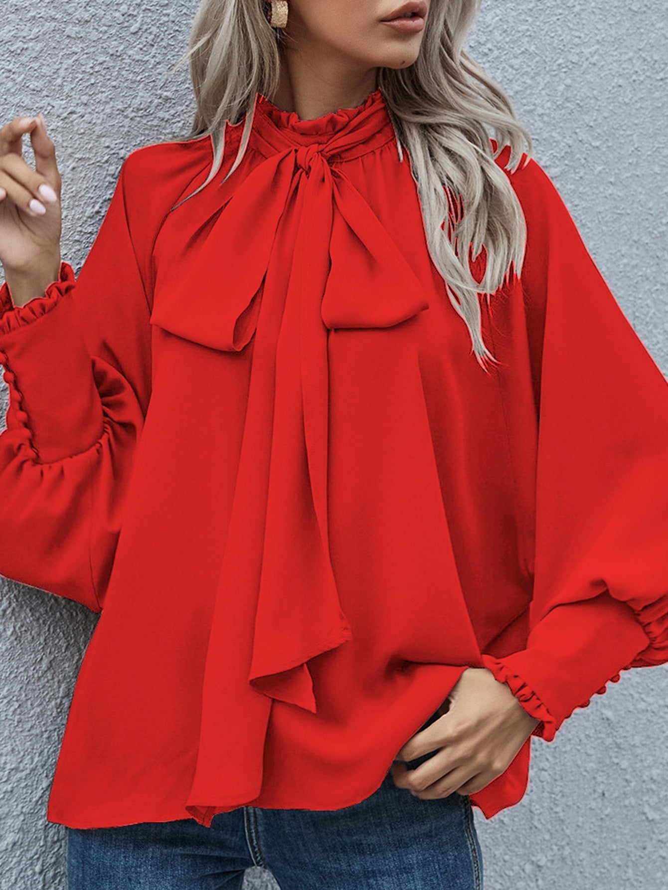Blusa de manga larga Ins, lazo, mangas abullonadas, moda, estilo ejecutivo, blusas de oficina para mujer. Consulta la tabla de tallas en "más detalles".