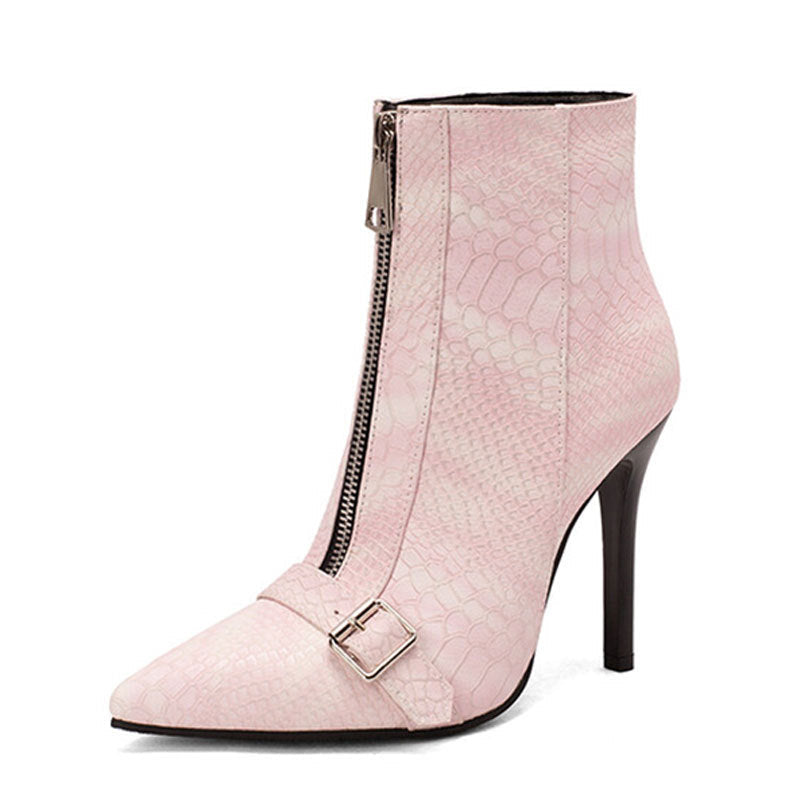 Women's Belt Buckle Front Zipper High-Heel Boots