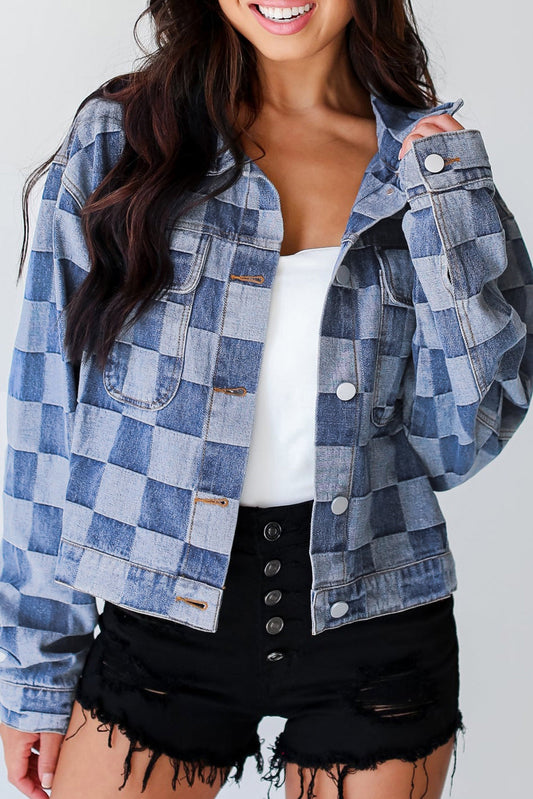 Chaqueta de jean con botones, a cuadros patchwork azul claro