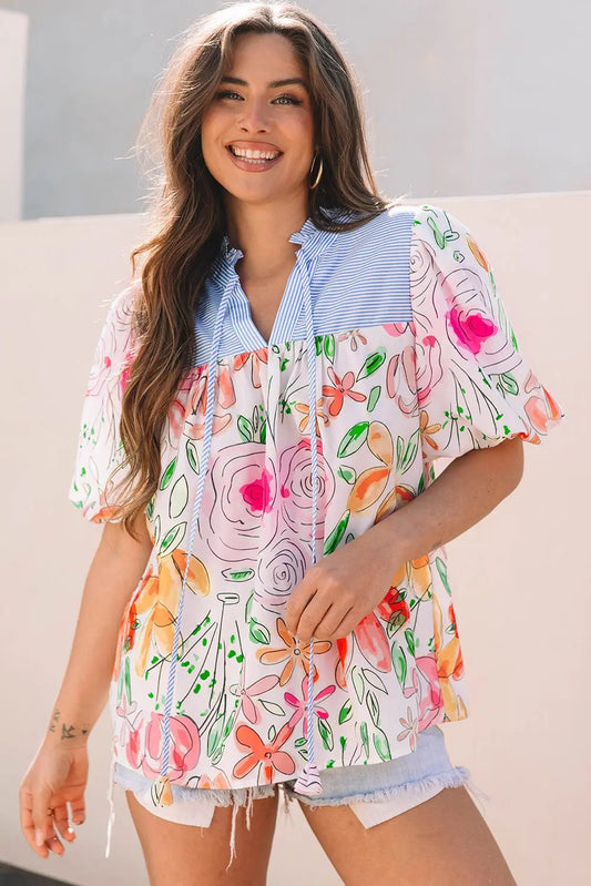 Blusa - Estampado floral a rayas con manga abullonada y cuello con volantes - Uso diario