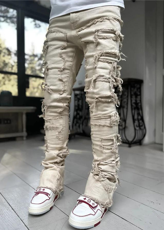 Men's Individual Patched Pants Long Tight Fit Stacked Jeans