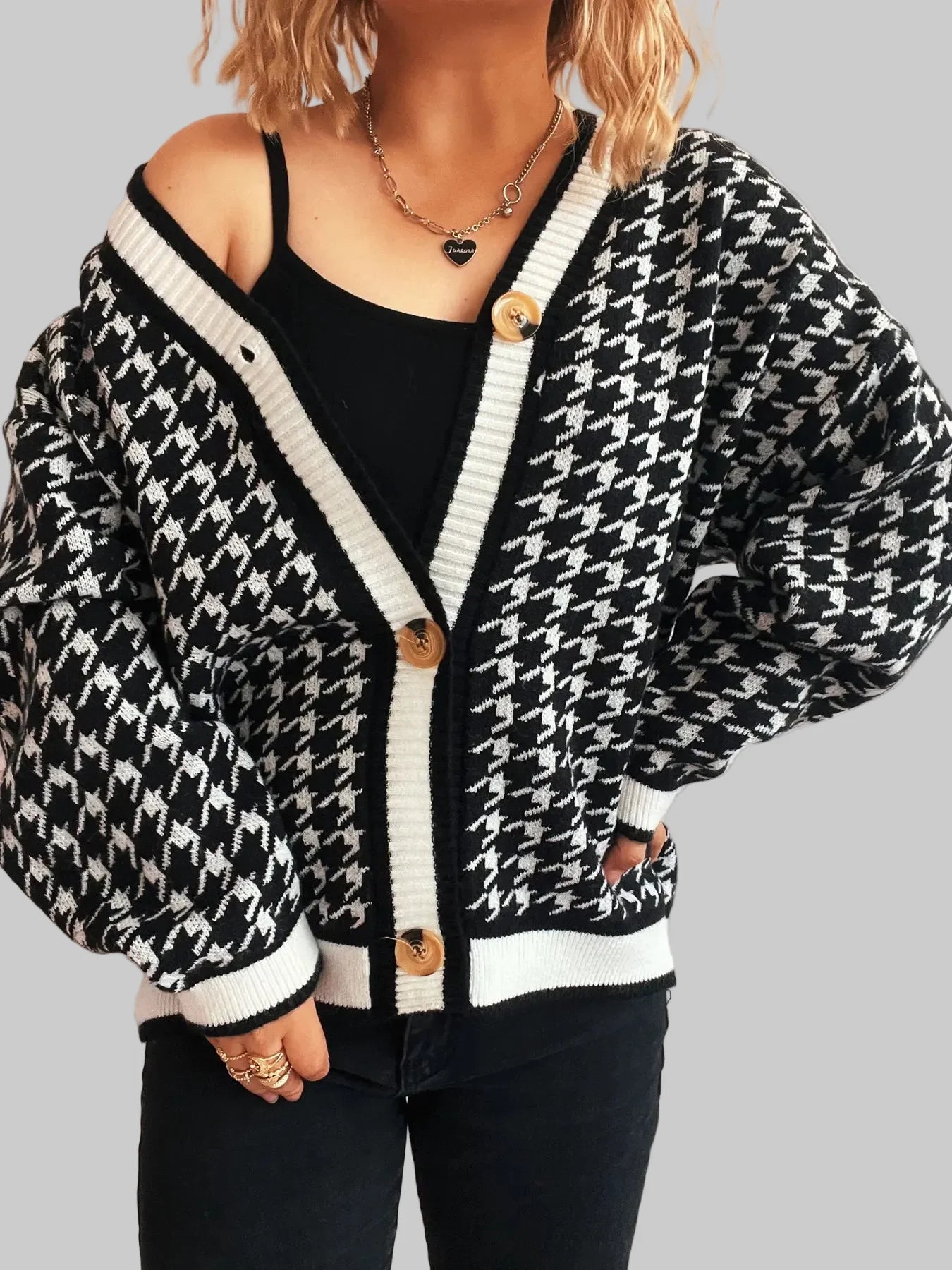 Cárdigan de punto con cuello en V y botones con estampado de pata de gallo para mujer