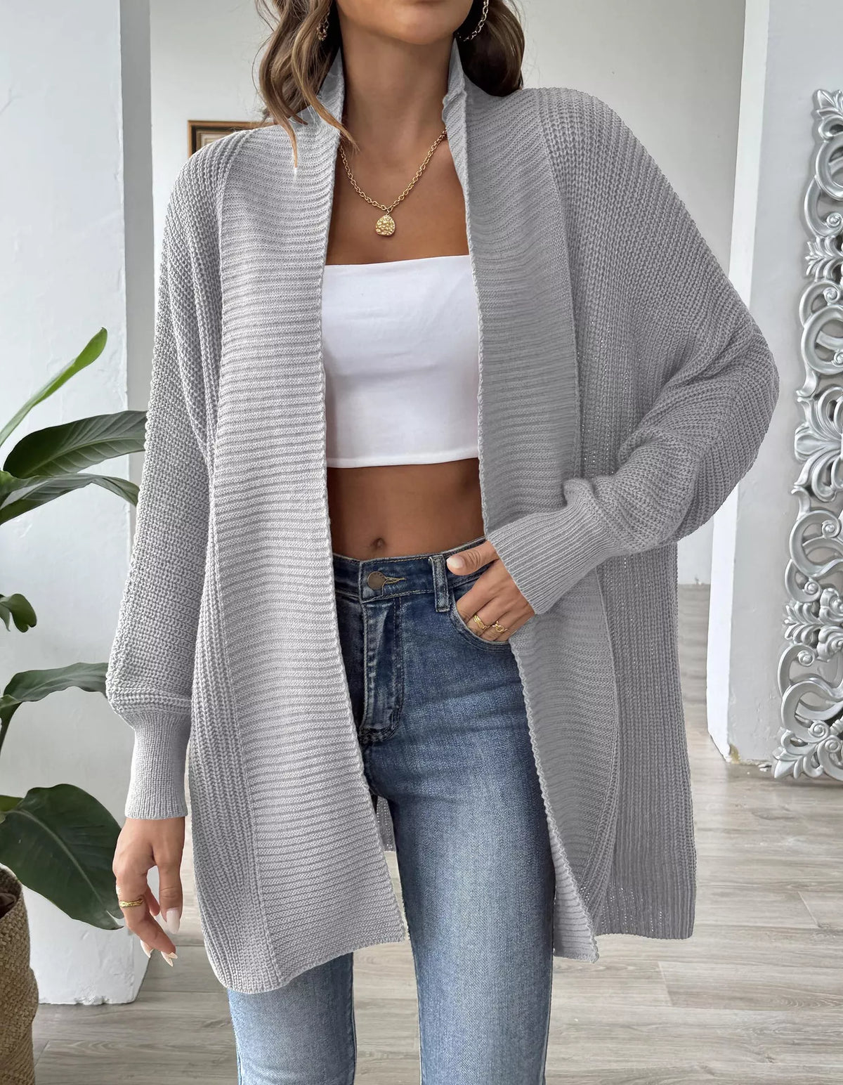 Open Front Ribbed Knit Cardigan