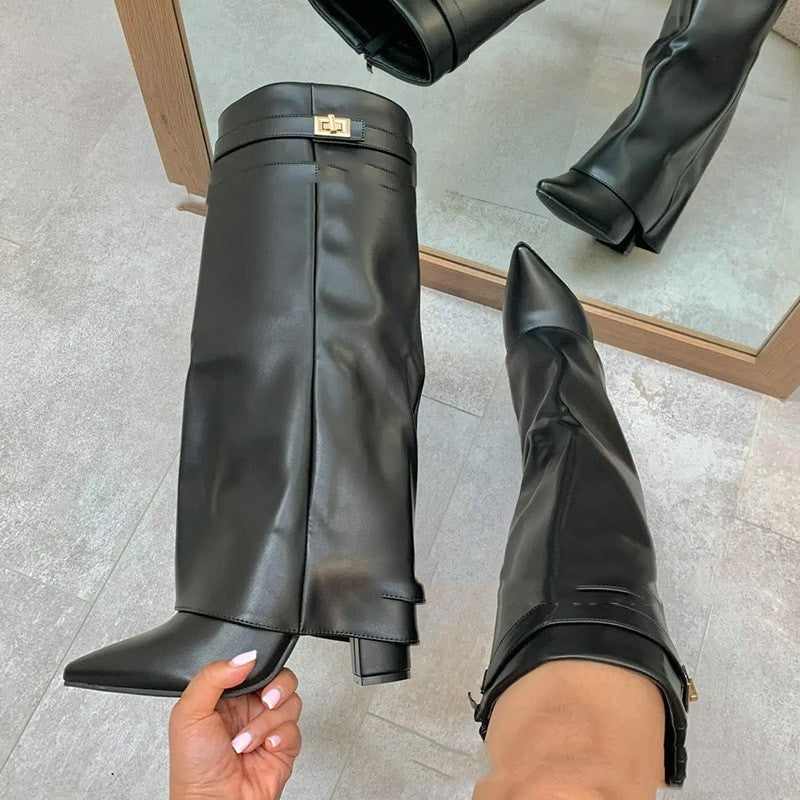 Women's Pointed-Toe Chunky Sole Mid-Calf Boots