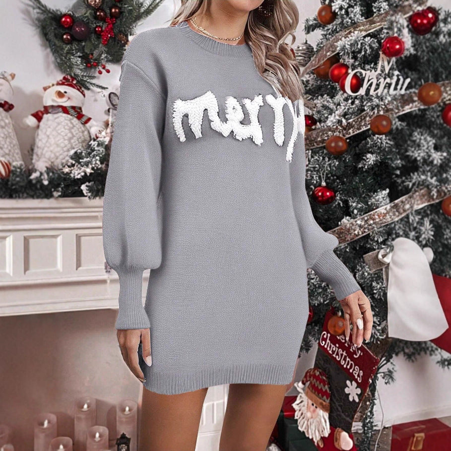 Vestido ajustado de punto de cuello redondo y manga farol para mujer