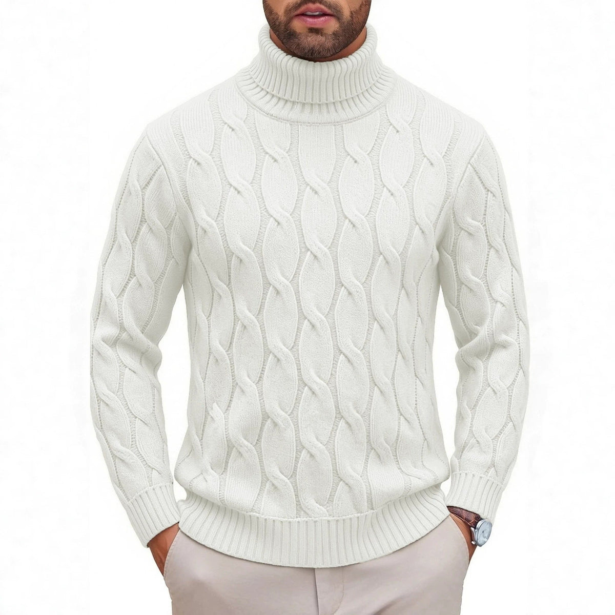 Men's Fashionable Turtleneck Sweater With Knotted Floral Design Loose Fit