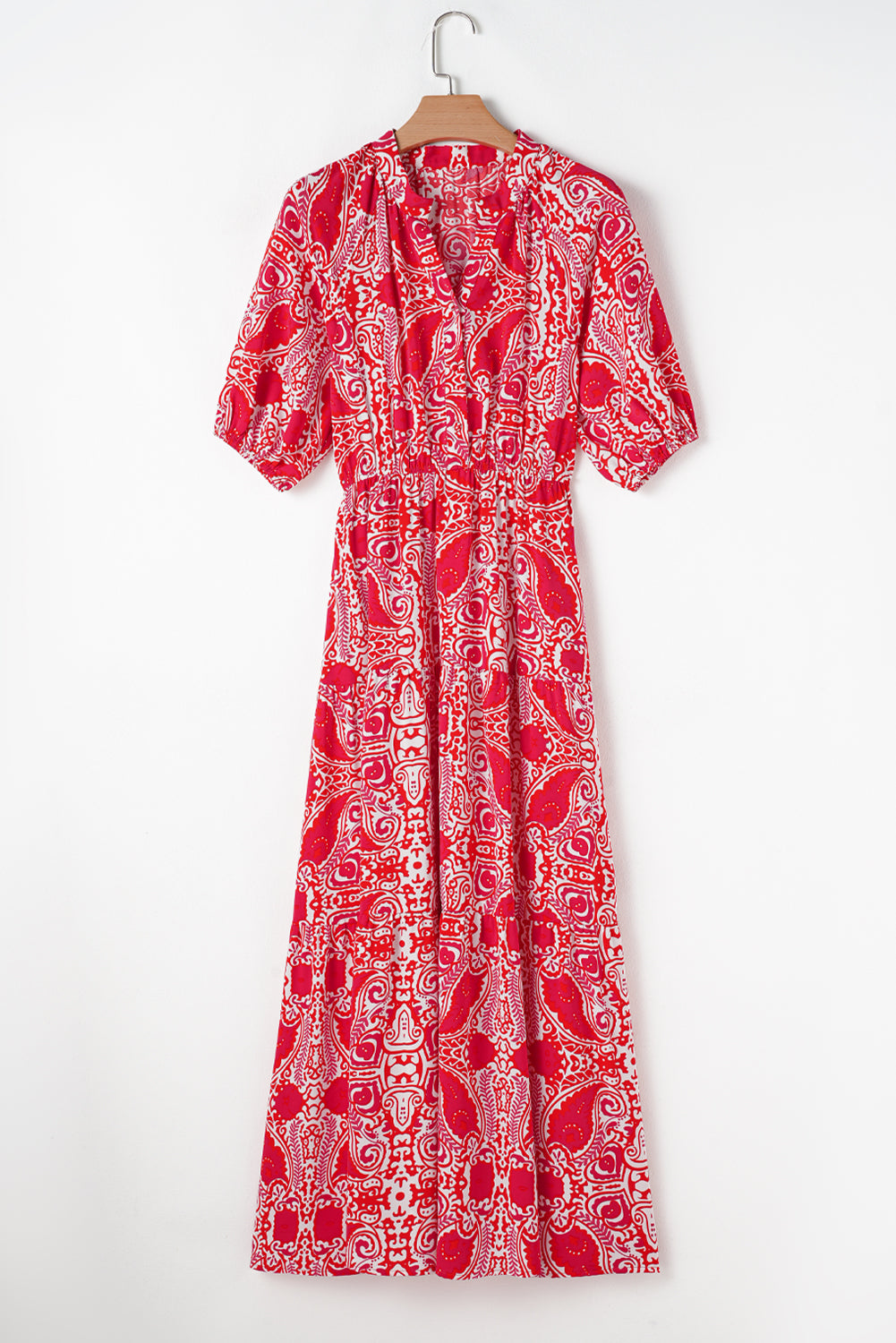 Vestido maxi con estampado de cachemir rojo, abertura lateral, manga farol y cintura alta