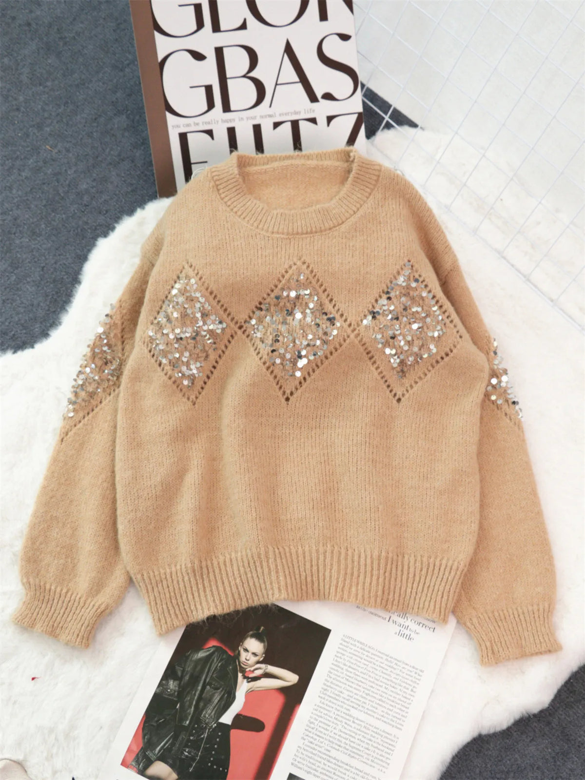 Sequined Diamond Pattern Oversized Sweater