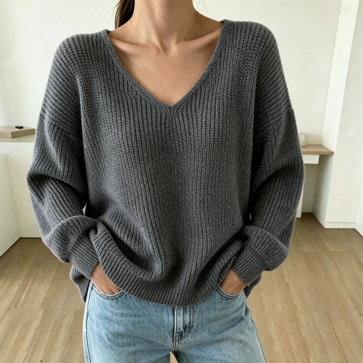 Thickened Long-sleeved Loose-fit V-neck Pullover Sweater For Women