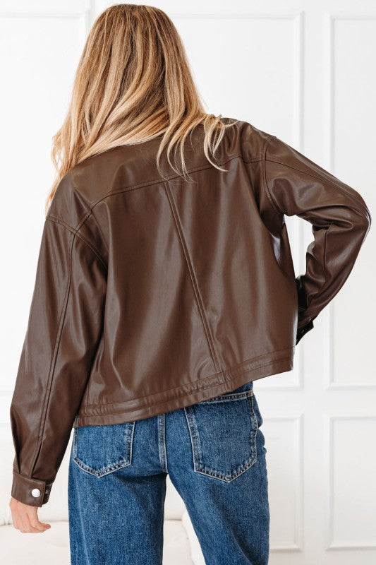 Leather Drawstring Hem Pocketed Jacket See size chart under “more details”