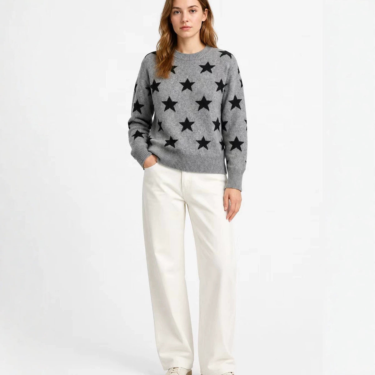 Womens Retro American-Style Star Jacquard Crew-Neck Sweater