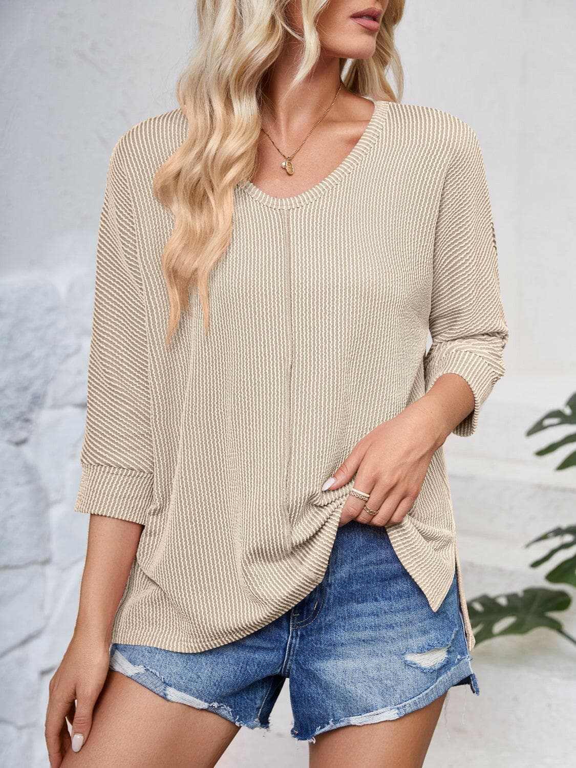 T-Shirts Trendsi just arrived - Textured 3/4 sleeve blouse