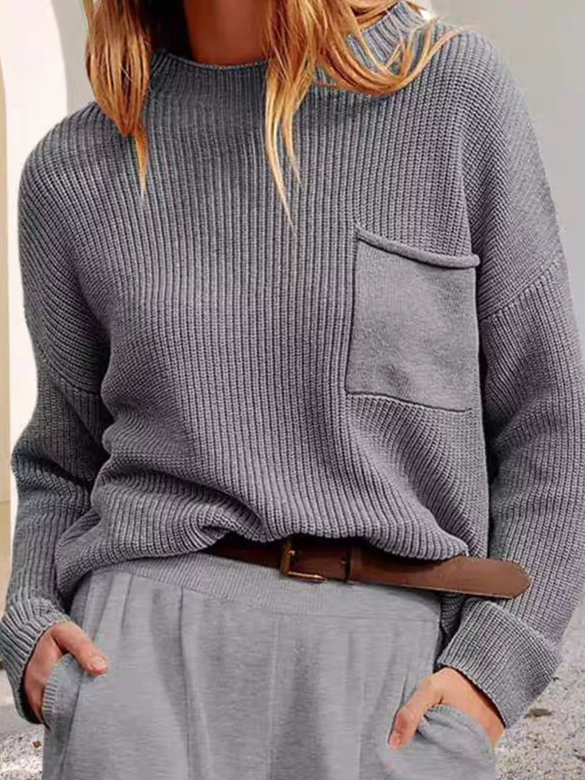 Pocket Detail Dropped Shoulder Sweater