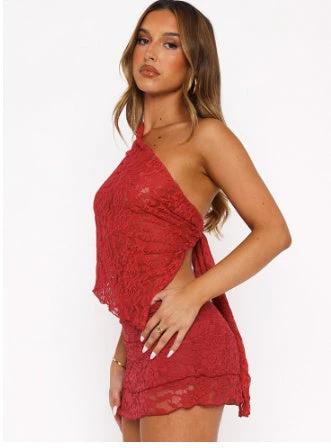 Traje de dos piezas con sobrefalda y top de encaje irregular de una pieza para mujer