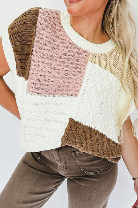 Chaleco de punto trenzado con bloques de color y cuello redondo
