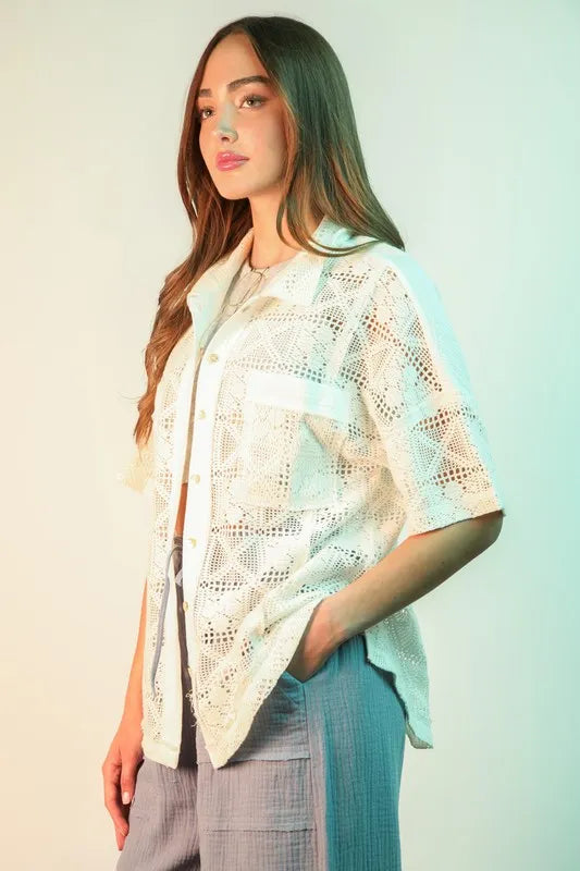 VERY J Blusa extragrande de ganchillo con botones, talla Plus. Ver tabla de tallas en "más detalles".