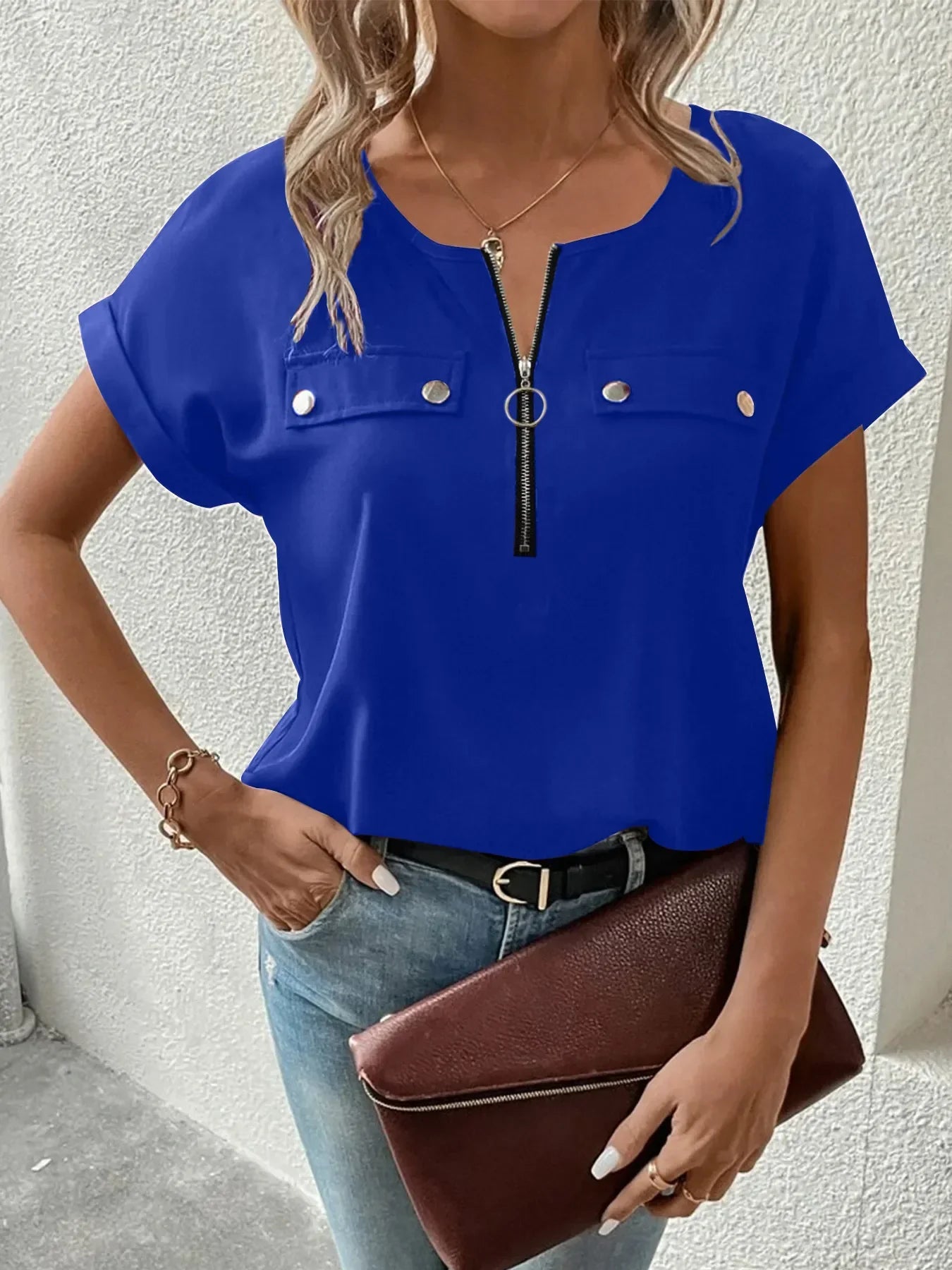Casual Zipper Front Short Sleeve Blouse
