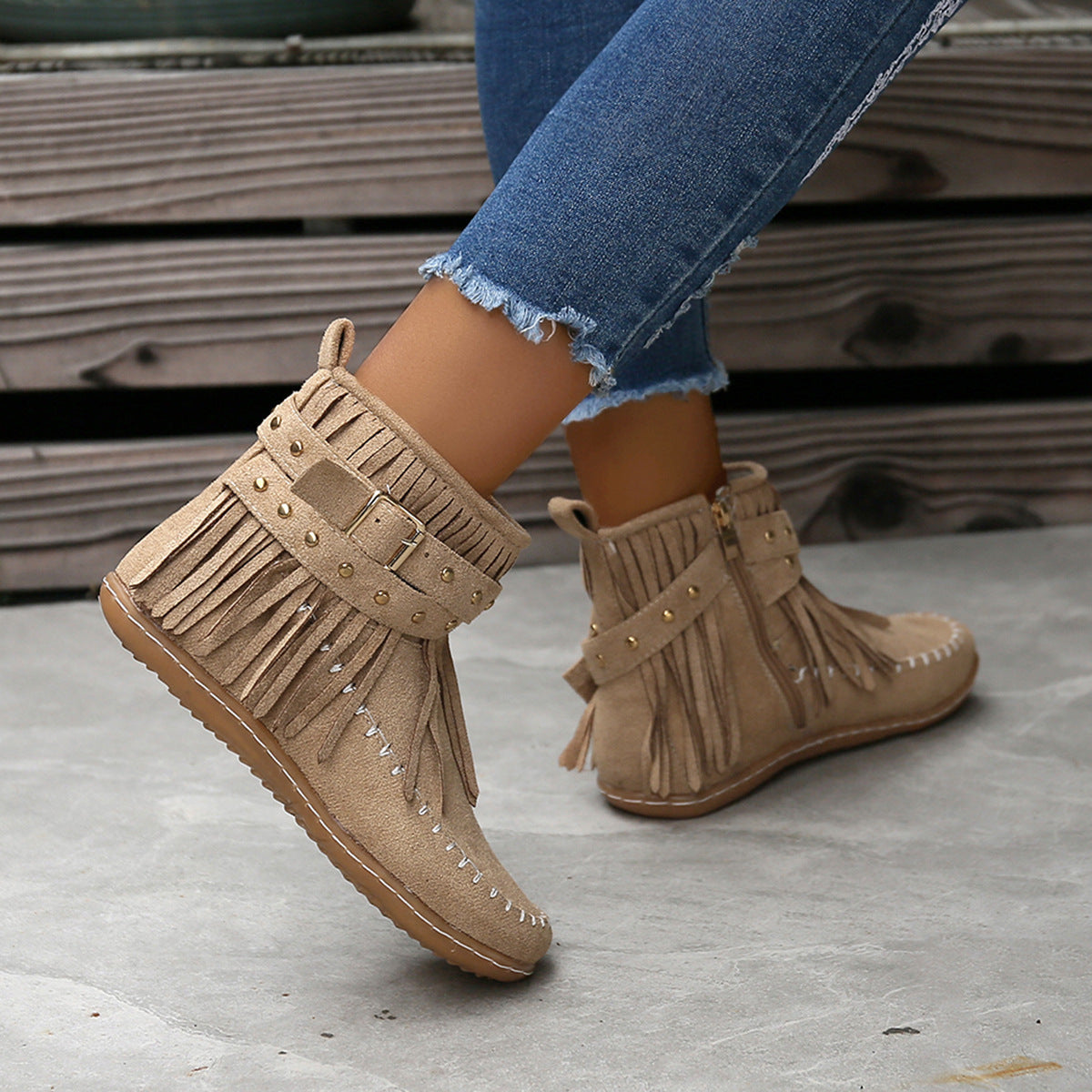 Rivet Flat Tassel Suede Martin Boots