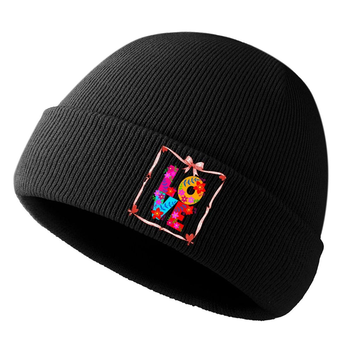 Floral LOVE Faux Knit Warm Winter Beanie Hat (Made in USA)