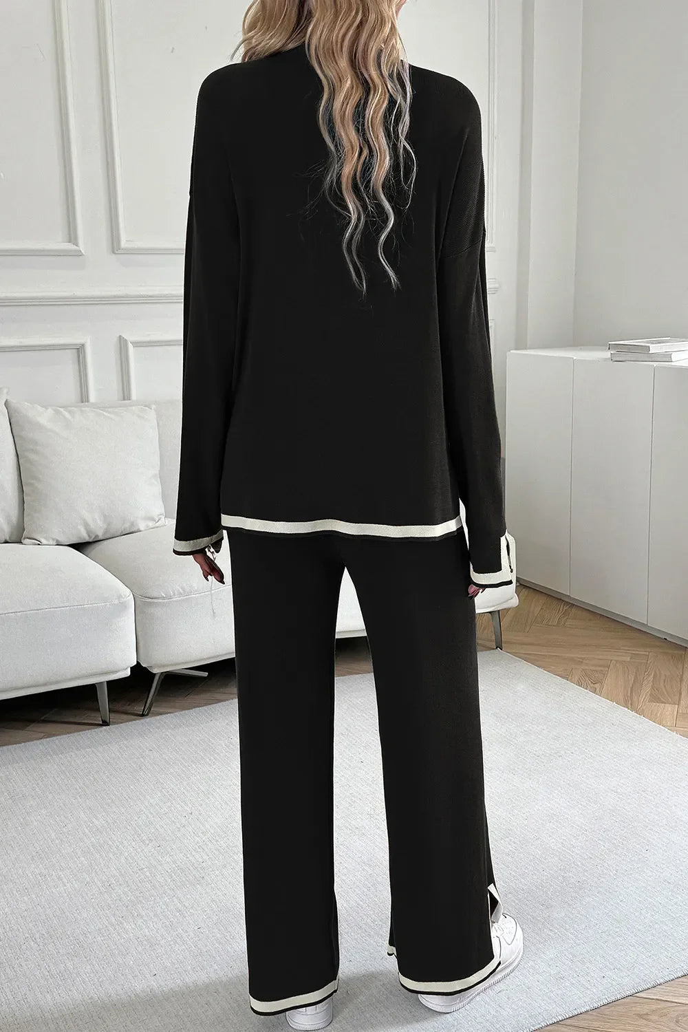 Conjunto de blusa con cuello redondo y pantalón Devine Contrast Trim