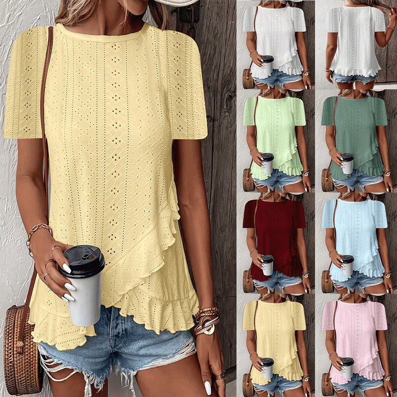 Camiseta de mujer casual de manga corta y cuello redondo de color liso
