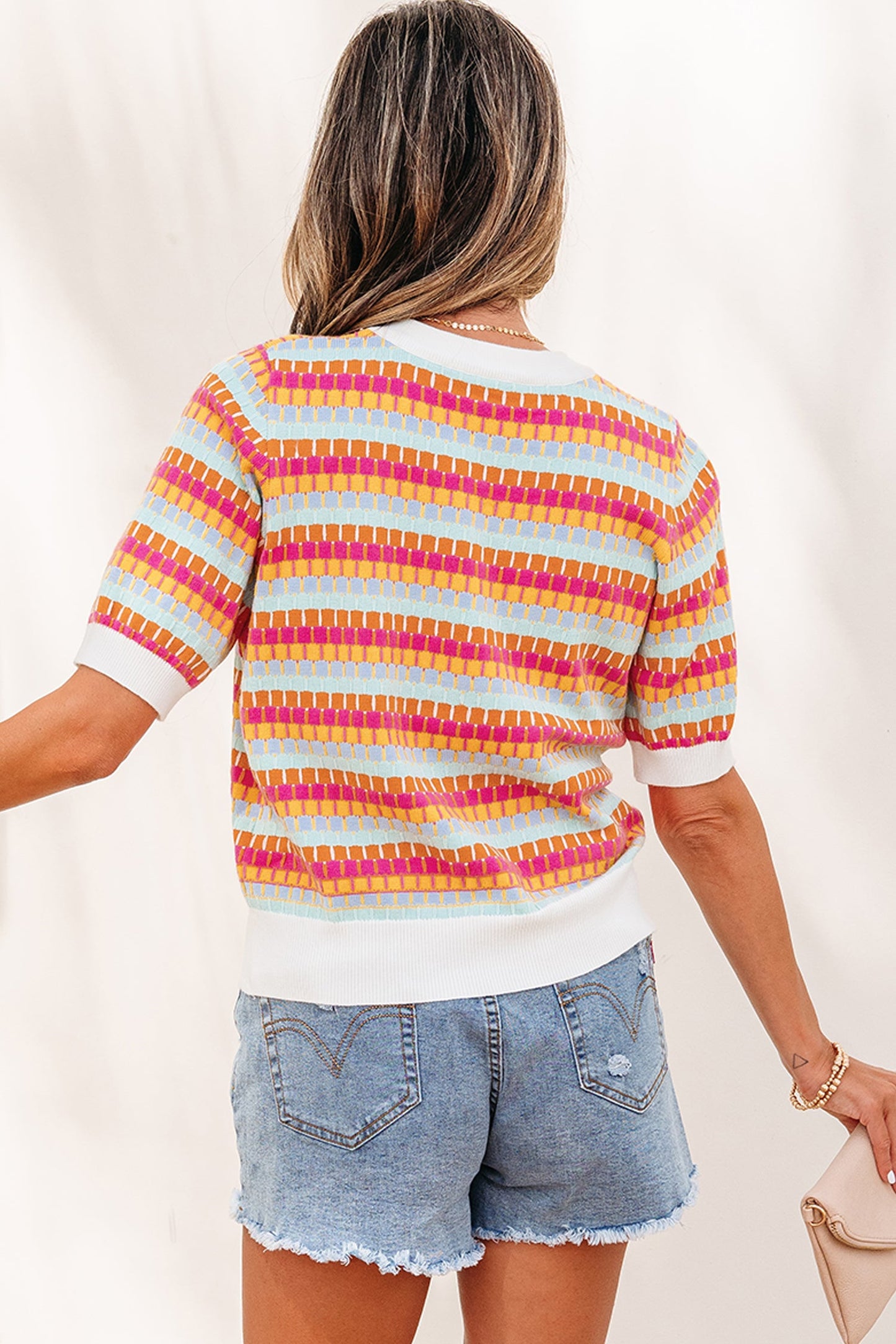 Purple Abstract Striped Knit Short Sleeve Sweater
