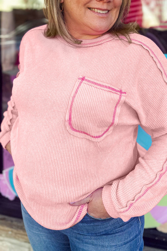 Top de manga larga de talla grande con bolsillo en el pecho y costura expuesta acanalado Bonbon