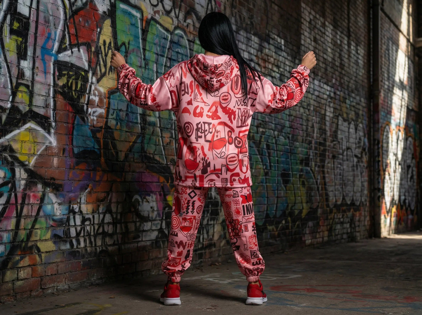 Pink graffiti scribbles on Women's Long Sleeve Fleece Hoodie JACKET ONLY new create by Designs By Kiekie