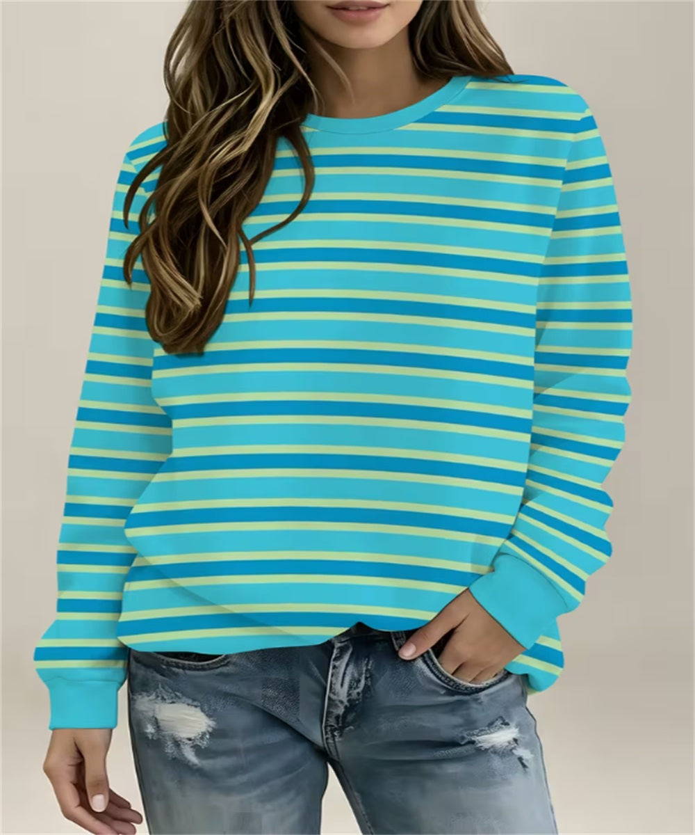 Women's Pink Yellow Horizontal Stripe Print Crew Neck Sweatshirt, Long Sleeve Casual Pullover Top
