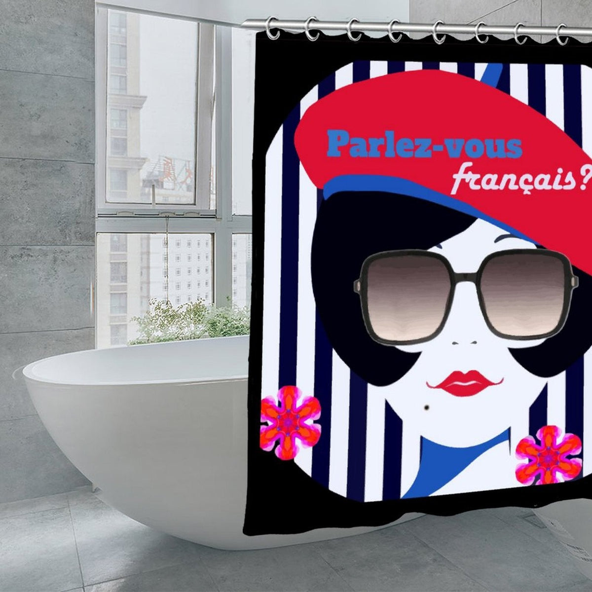 Parlez-vous Francais? French Girl Polyester Waterproof Shower Curtain