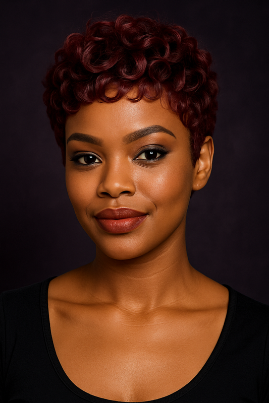 Berry Baddie – Peluca rizada tipo pixie con encaje frontal (rojo burdeos)