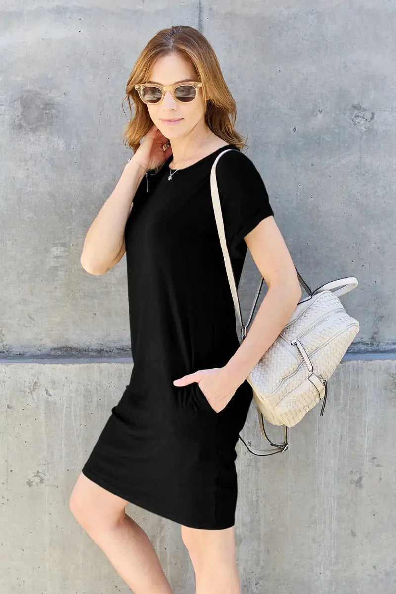 Dresses Trendsi Basic Bae Bamboo Dress Black Small Round Neck with Pockets