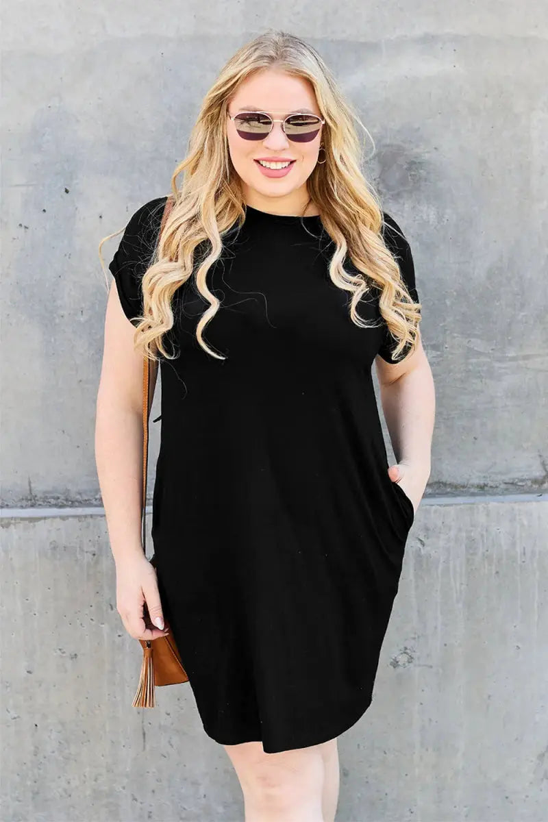 Dresses Trendsi Basic Bae Bamboo Dress Black Small Round Neck with Pockets