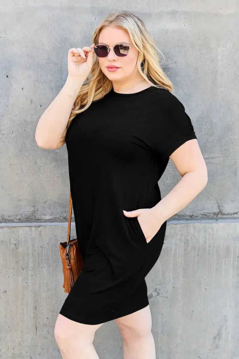 Dresses Trendsi Basic Bae Bamboo Dress Black Small Round Neck with Pockets